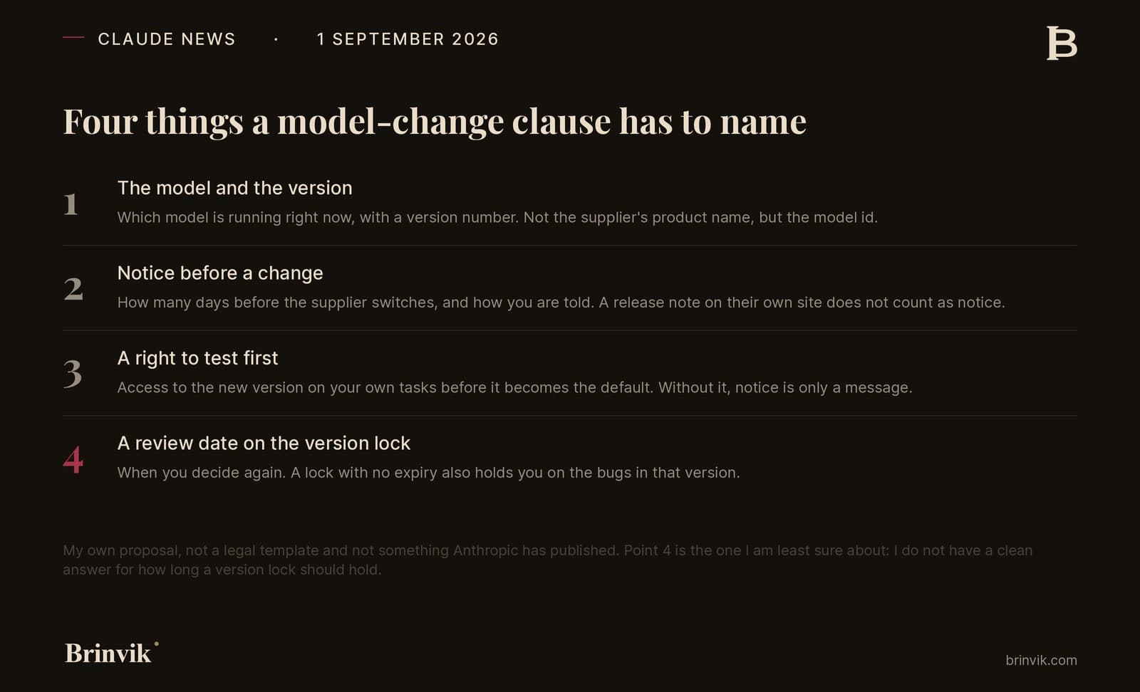 Four numbered points a model-change clause has to name: the model and the version, notice before a change, a right to test first, and a review date on the pin.