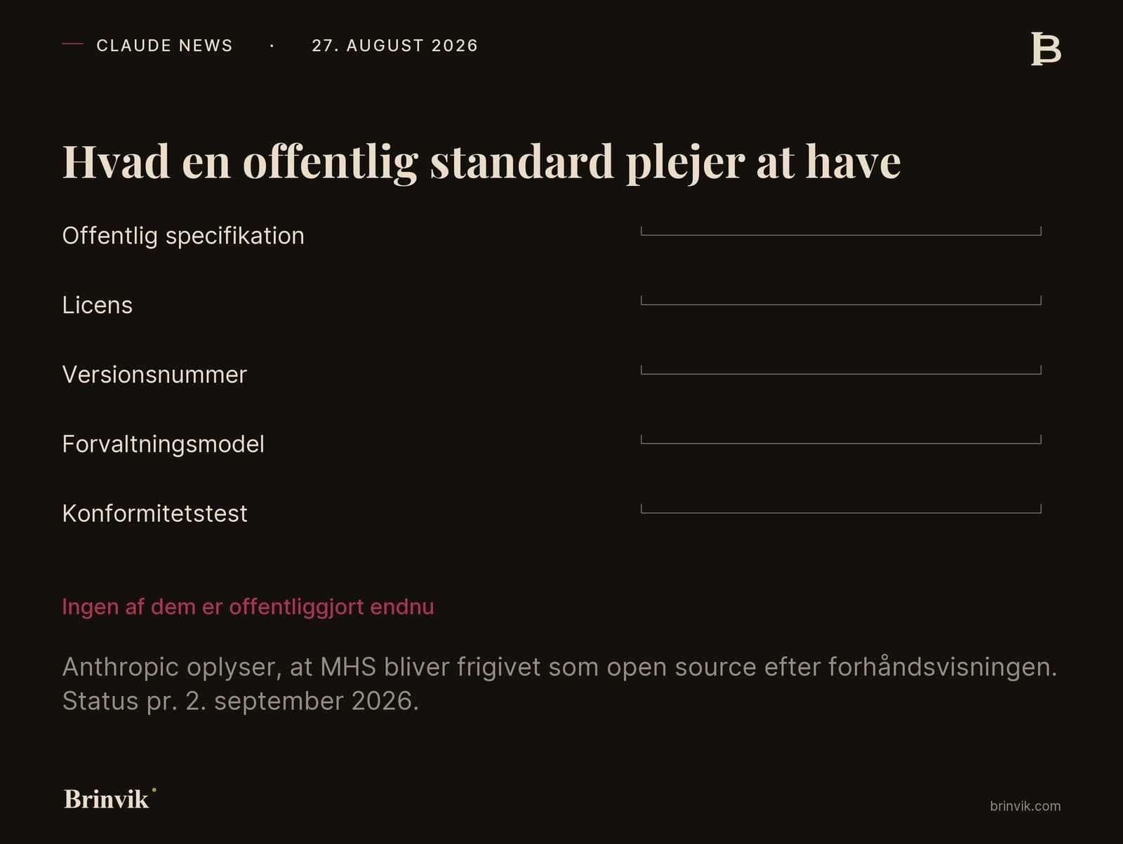 Liste over fem ting en offentlig standard normalt har: offentlig specifikation, licens, versionsnummer, forvaltningsmodel og konformitetstest. Ud for hver står en tom plads. Nederst står med rødt at ingen af dem er offentliggjort endnu.