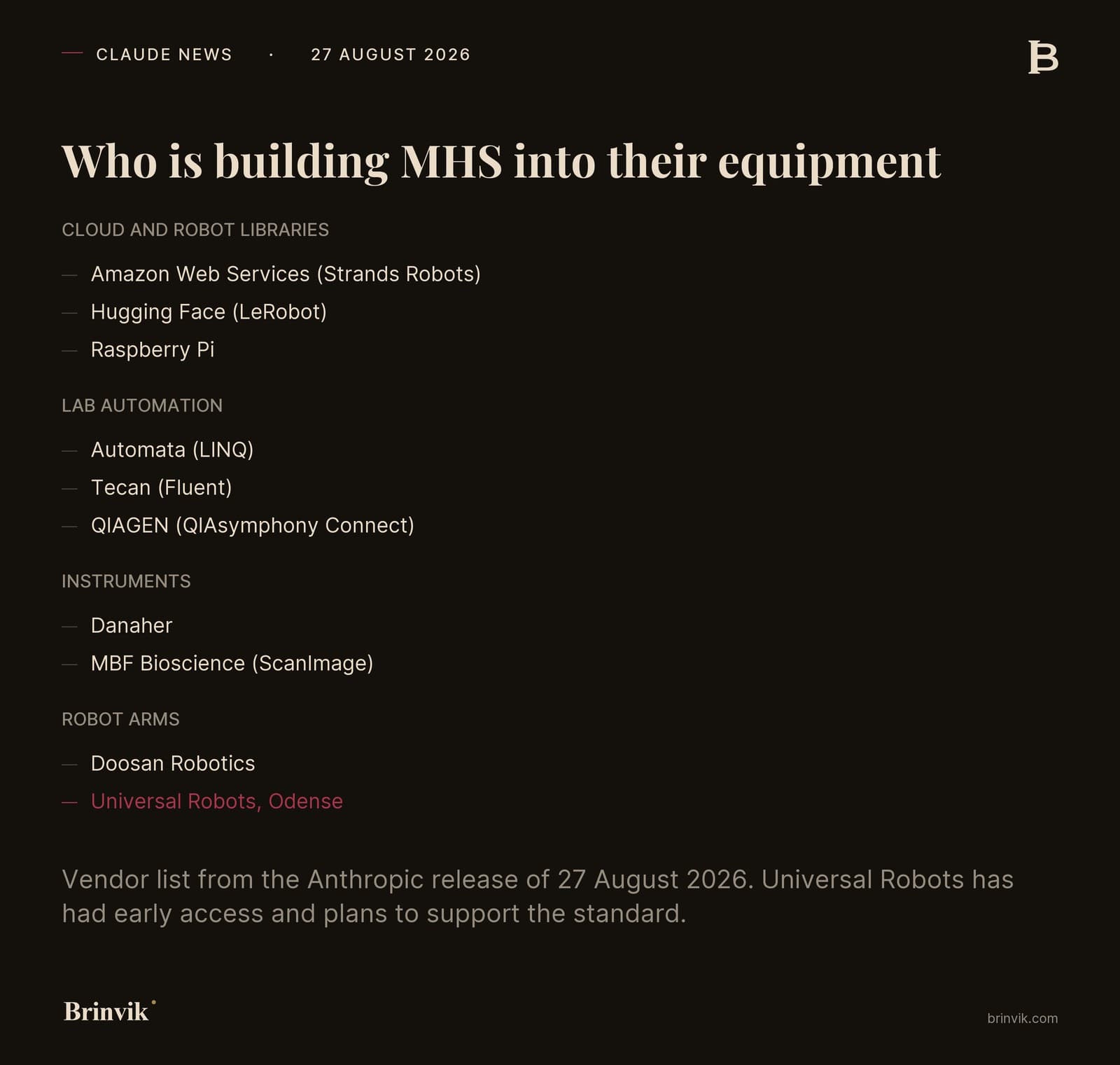 List of vendors building MHS into their equipment, grouped into cloud and robot libraries, lab automation, instruments, and robot arms. Universal Robots in Odense is highlighted in red at the bottom under robot arms.