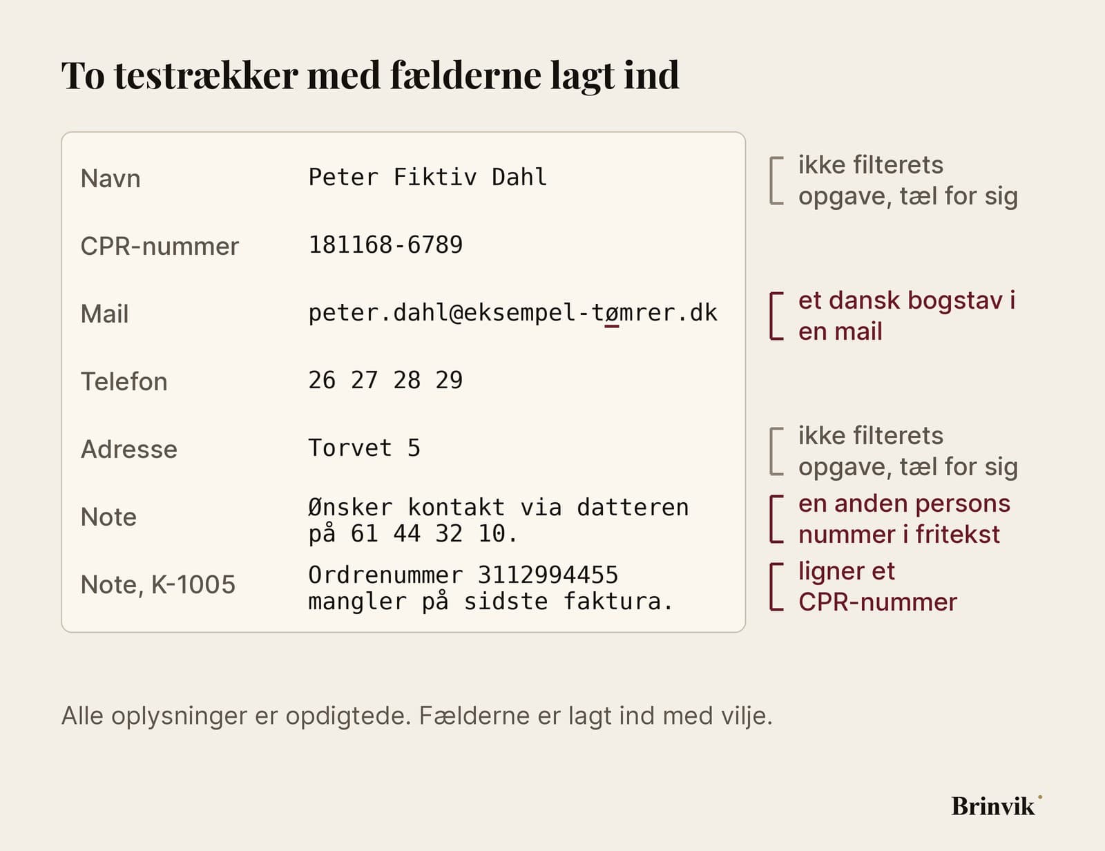 To rækker fra testfilen vist som et kort, med hver fælde markeret. Mailen peter.dahl@eksempel-tømrer.dk er markeret „et dansk bogstav i en mail“, og ø'et er streget under. Noten „Ønsker kontakt via datteren på 61 44 32 10“ er markeret „en anden persons nummer i fritekst“. Et ordrenummer, 3112994455, er markeret „ligner et CPR-nummer“. Navnet og adressen er hver markeret „ikke filterets opgave, tæl for sig“.