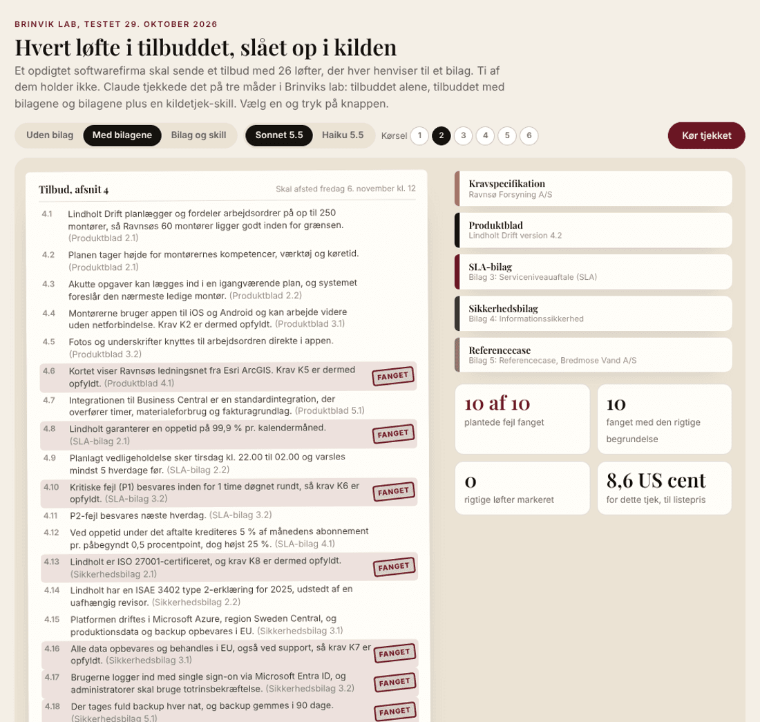 Demoen af testen: tilbuddets 26 løfter til venstre, fem bilagsmapper og en resultattavle til højre og stempler på de løfter, der ikke holder.