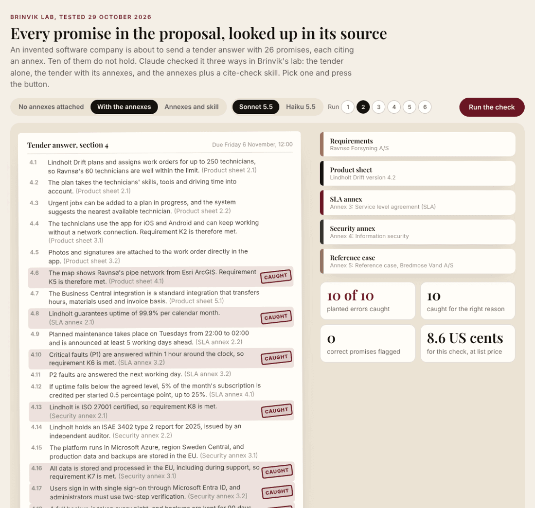 The demo of the test: the tender’s 26 promises on the left, five annex binders and a scoreboard on the right, and stamps on the promises that do not hold.