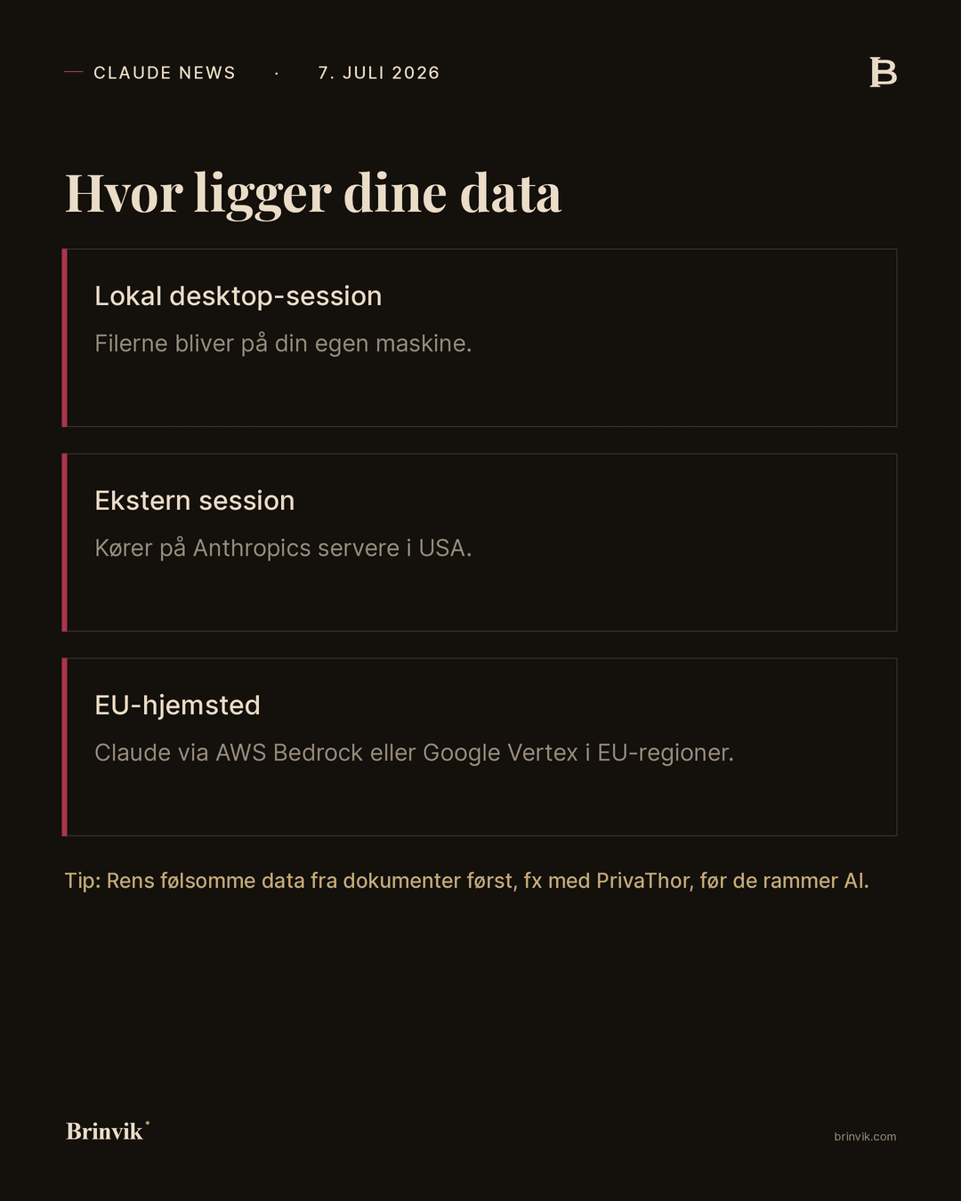Tre veje til at styre hvor data ligger: lokal desktop-session, ekstern session på Anthropics servere i USA, og EU-hjemsted via AWS Bedrock eller Google Vertex, samt et tip om at rense følsomme data først.