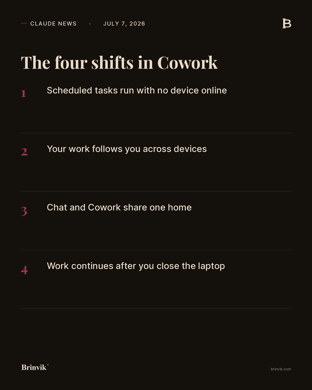 The four shifts in Claude Cowork: scheduled tasks with no device online, work follows you across devices, chat and Cowork share one home, and work continues after you close the laptop.