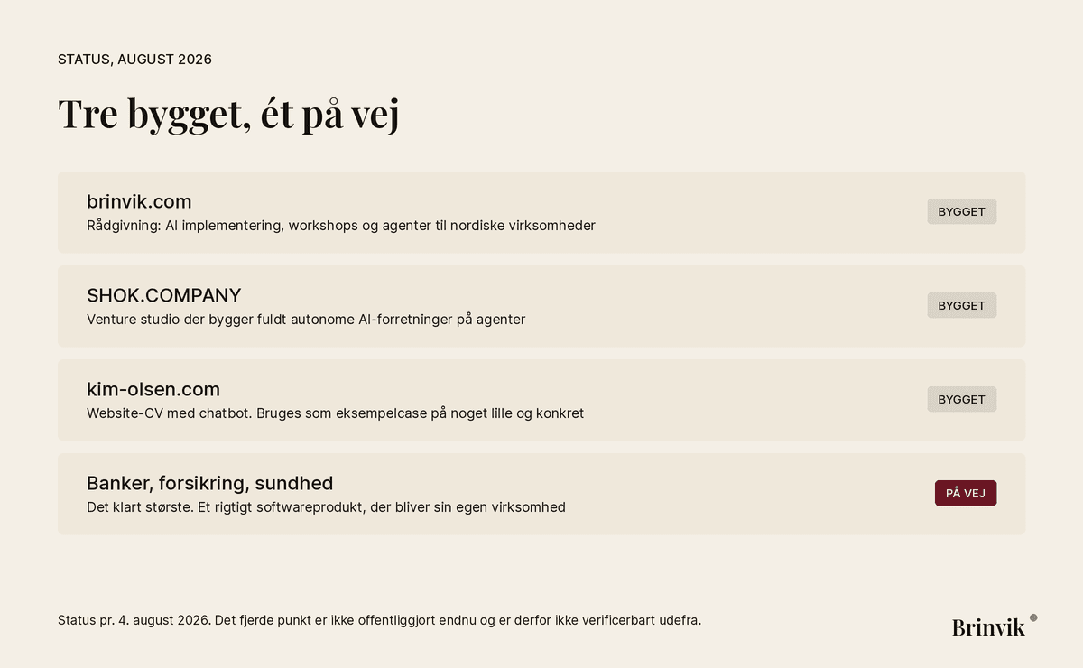 Statuskort over tre byggede projekter, brinvik.com, SHOK.COMPANY og kim-olsen.com, samt ét på vej til banker, forsikring og sundhed.