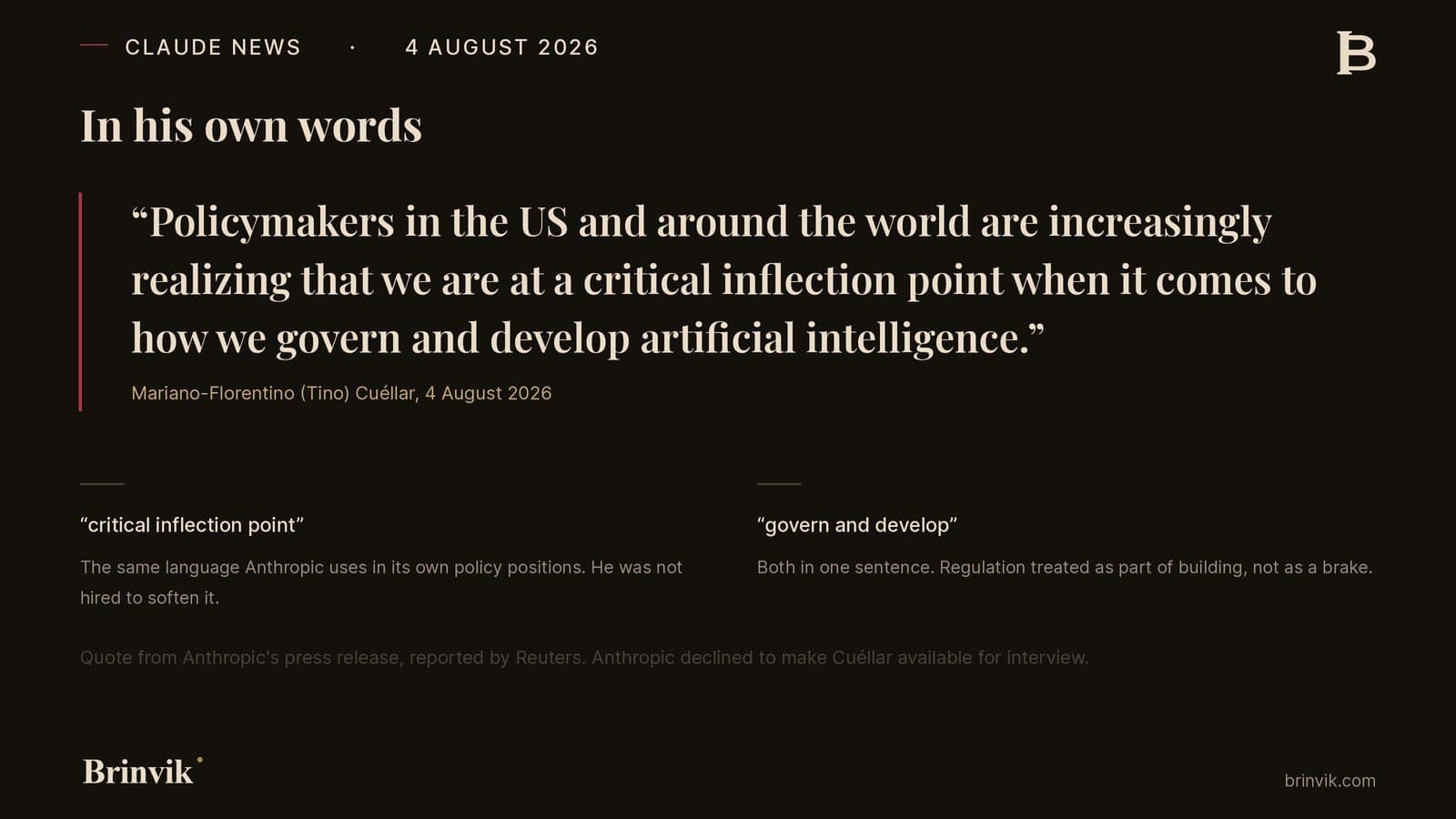 A pull quote from Cuéllar with a red rule down the left side, followed by two annotations highlighting the phrases critical inflection point and govern and develop.