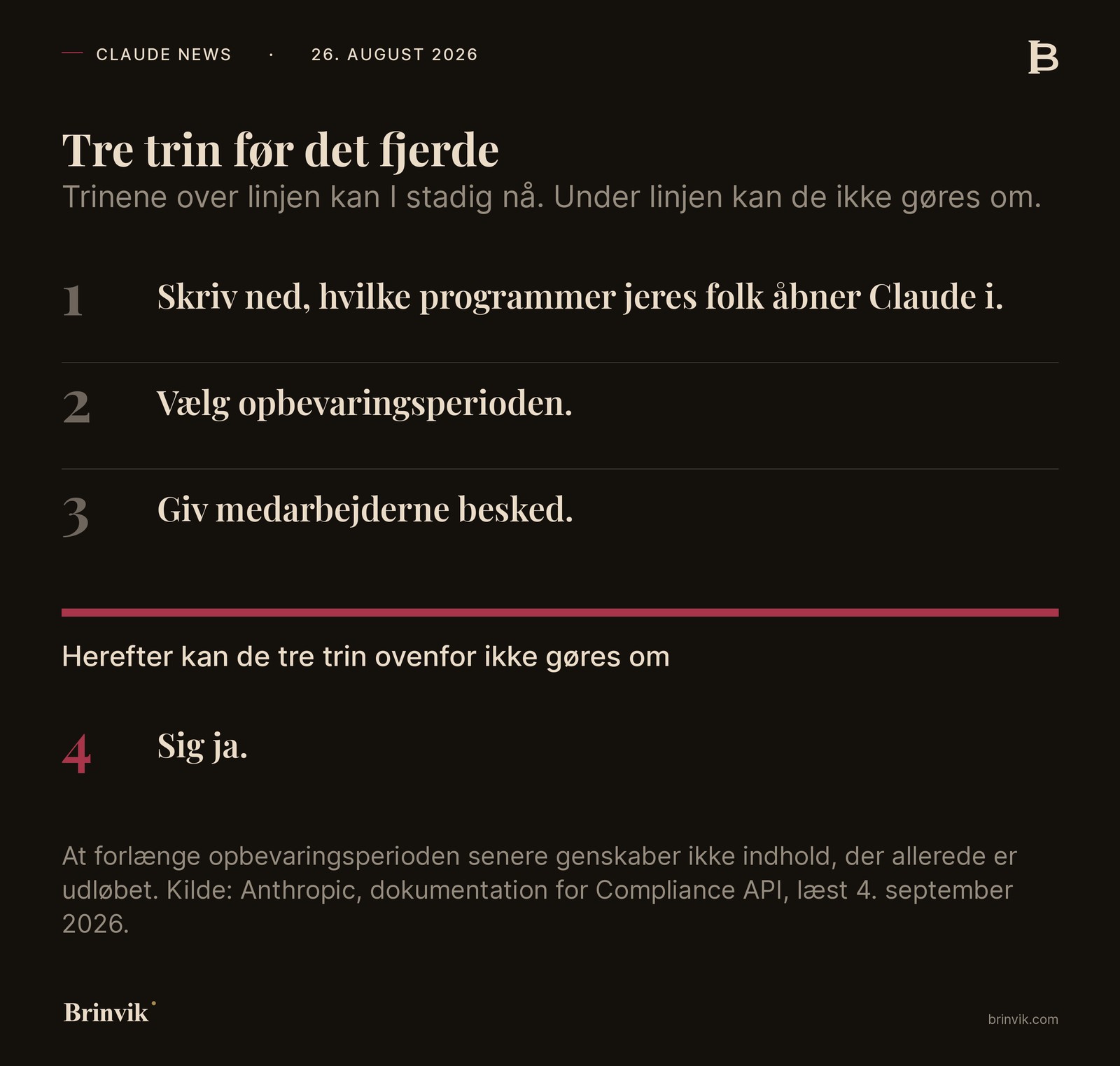 Fire trin i rækkefølge med en streg efter det tredje, som markerer, at de tre første trin ikke kan gøres om bagefter.
