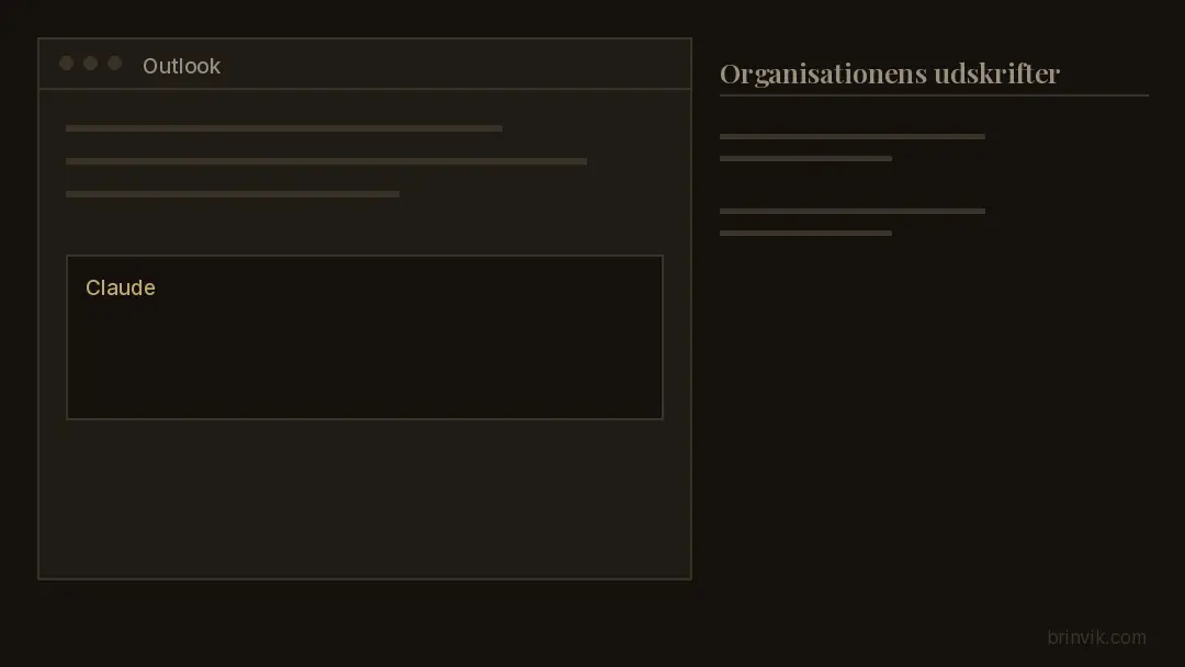 Animation af et Outlook-vindue, hvor en medarbejder skriver en besked til Claude, og en ny række glider ind i organisationens liste over udskrifter med teksten office_agents/outlook, optaget i dag, gemmes i 6 år.