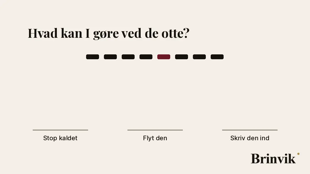 Kort animation på lys baggrund. Otte mærker falder ned i tre grupper. Et enkelt går til Flyt den, mens de syv øvrige fordeler sig mellem Stop kaldet og Skriv den ind.