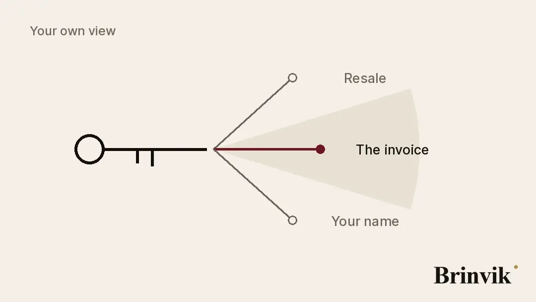 Animated figure. An AI key at the centre with three arrows out to Loot, Compute and Cover. A pale cone representing the company's own field of view covers only the arrow to Compute. The cone sweeps back and forth without ever reaching the other two arrows.