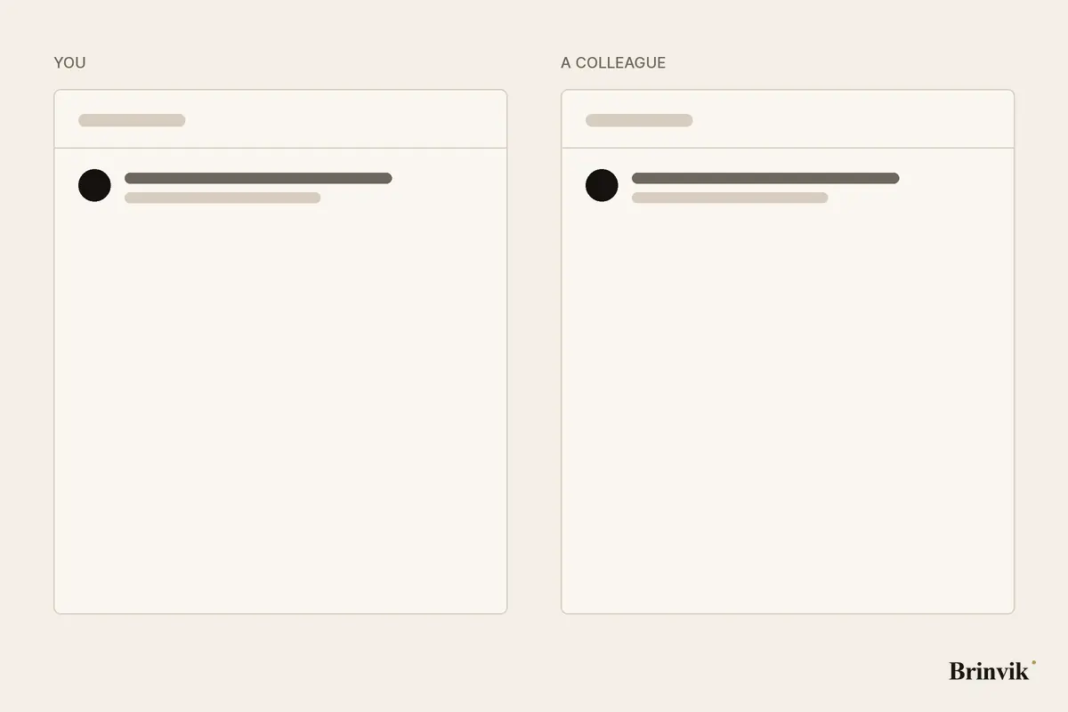 Animated drawing on a light ground of the same Slack thread seen from two seats side by side. On the left, the person who asked sees a message with three buttons that only she can see. On the right, a colleague sees the same thread without that message. When the answer is posted, it appears in both views at once.