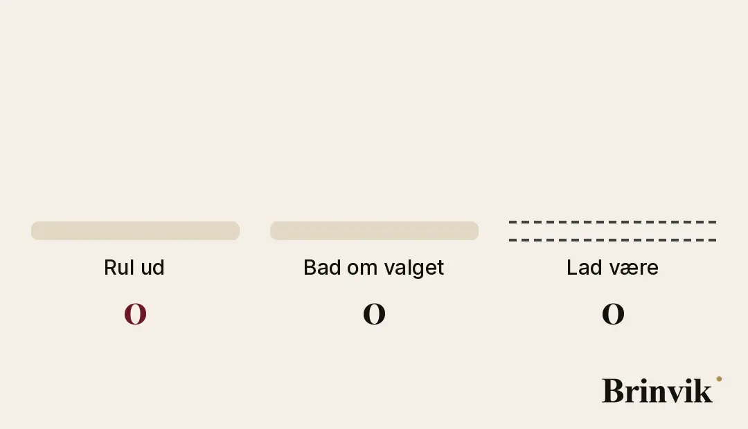 En animation på lys baggrund. 48 små notatkort falder ét ad gangen ned i tre bakker. 40 røde kort lander i bakken „Rul ud“, otte hvide kort med guldkant i bakken „Bad om valget“, og den sidste bakke, „Lad være“, forbliver tom med en stiplet kant.