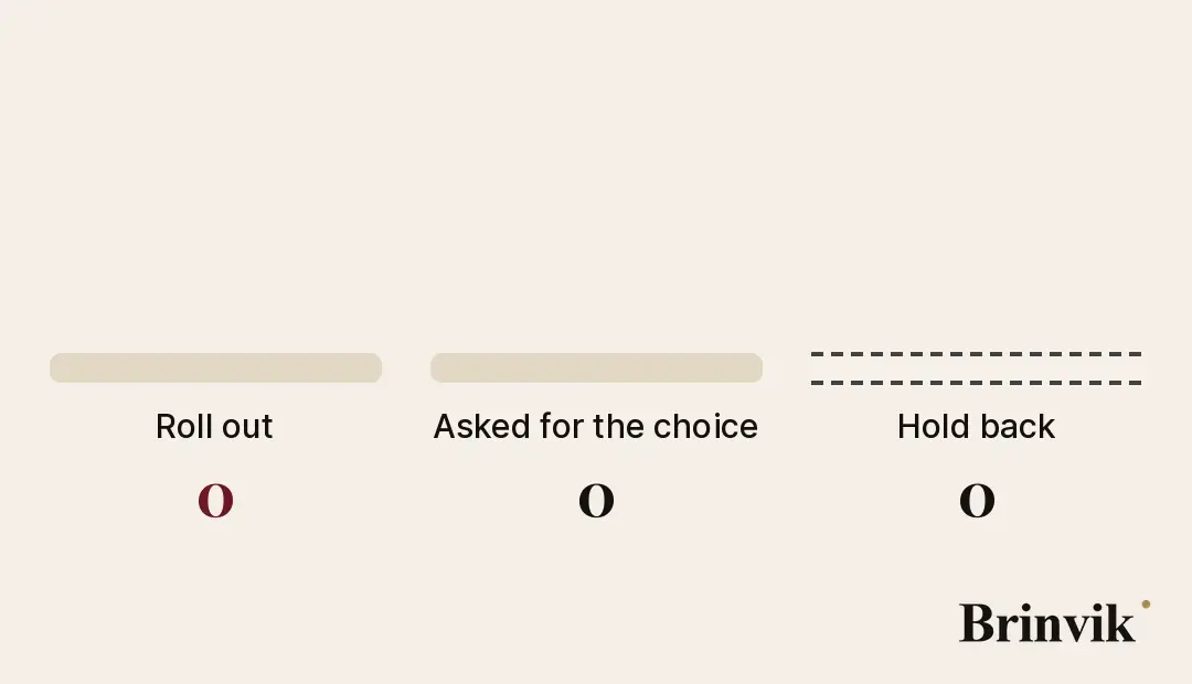 An animation on a light background. 48 small memo cards fall one at a time into three trays. 40 red cards land in the roll out tray, eight white cards with a gold edge in the asked for the choice tray, and the last tray, hold back, stays empty with a dashed edge.
