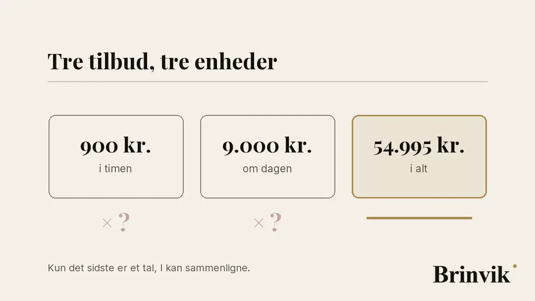 Tre kort med hver sit tal: 900 kr. i timen, 9.000 kr. om dagen, 54.995 kr. i alt. Under de to første pulserer et gangetegn med et spørgsmålstegn; det tredje har en fuldt optrukket streg under sig.